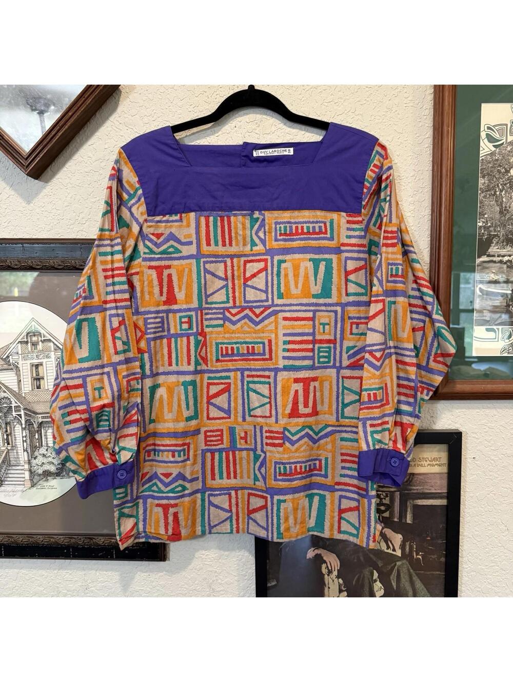 Vintage 80s RARE Guy Laroche Women 100% Silk Folk Print Top France Size 38 Small